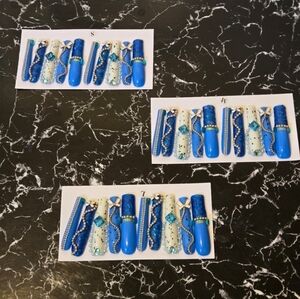 3 Sets/30 Nails (Size S/M/L) XXL Length Blue and White Press-Ons